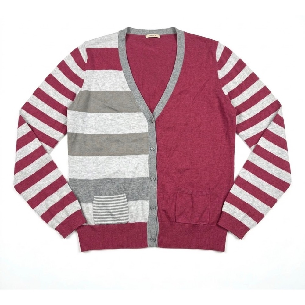 Quirky Y2K Prep Cotton Color block Striped Sweater V neck button cardigan Sz M